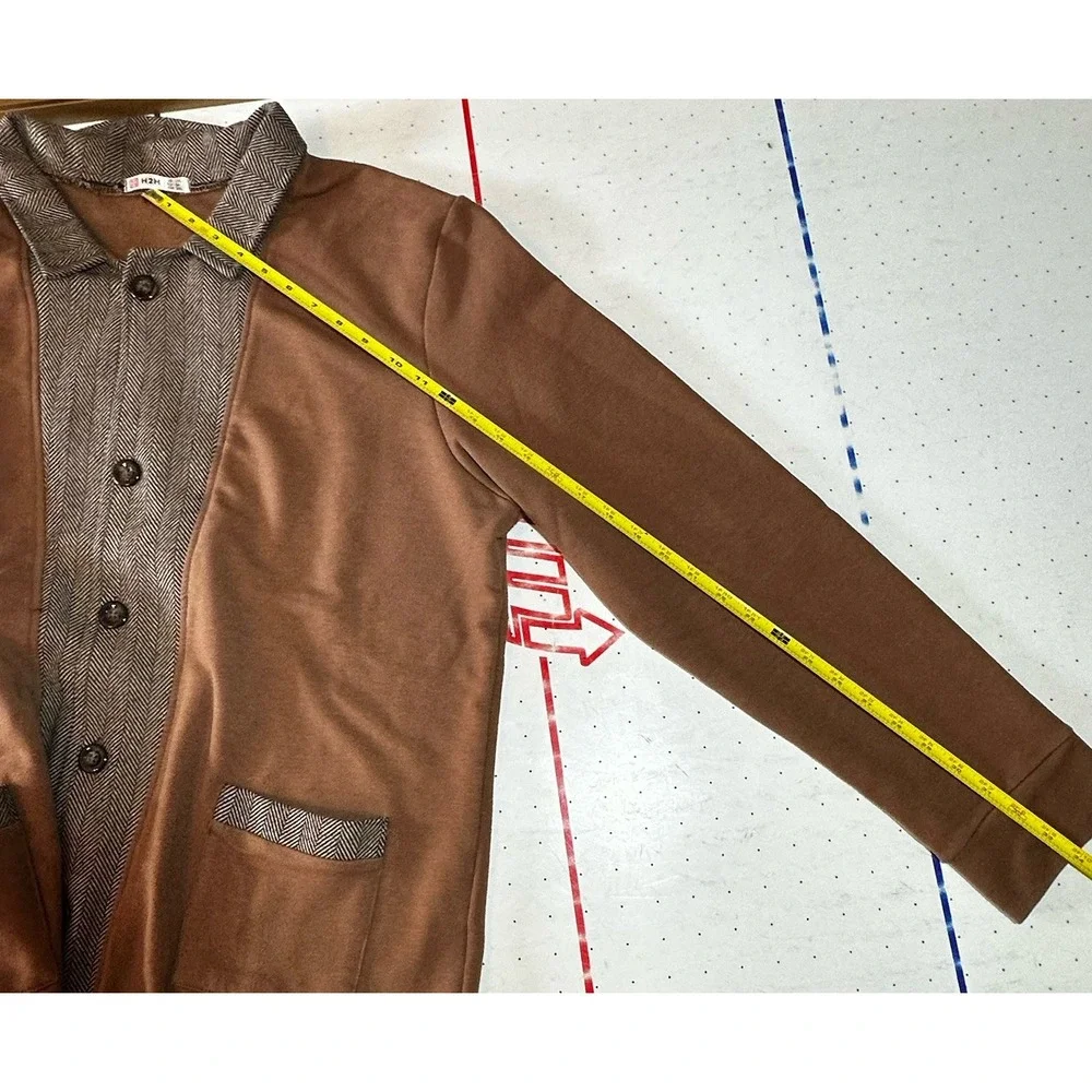 H2H Cardigan Sweater 2XL Brown Herringbone Trim Button Front Collared Excellent